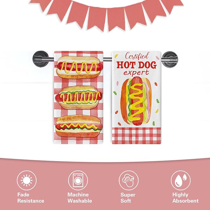 Certified Hot Dog Expert Kitchen Dish Towels Set of 2, Funny Fast Food Sausage Drying Hand Towel Baking Cooking Cloth, Red Plaid Farmhouse Home Decoration 18'' x 26''