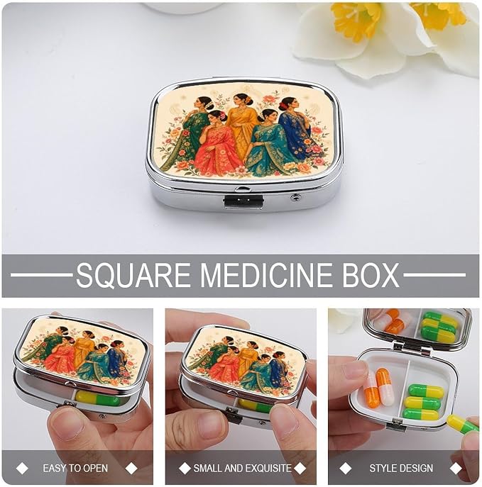 Elegant Women in Traditional Sarees Two Compartment Pill Box Medicine Organizer, Portable Pill Case with Secure Snap Closure for Vitamins Medication Supplements Daily Use