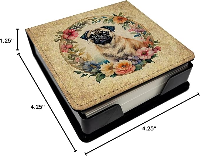 Caroline's Treasures Fawn Pug and Flowers PU Leather Note Paper Holder with Artist-Designed Cover, Desk Accessory, Office Gift