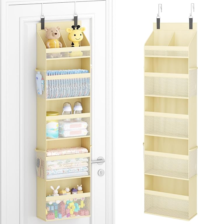 Lifewit 5 Tier Over the Door Organizer, Diaper Hanging Storage, Beige | Nursery Sturdy Large Heavy Duty Back of Door Shelf with 4 Mesh Side Pockets, for Baby Stuff Toy in Pantry, Laundry, Bathroom