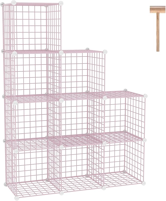 C&AHOME Wire Cube Storage, 9 - Cube Organizer Metal C Grids, Shelves, Pink | Modular Shelves Units, Closet Organizer, Storage Bins Shelving, Ideal for Home, Office, Living Room