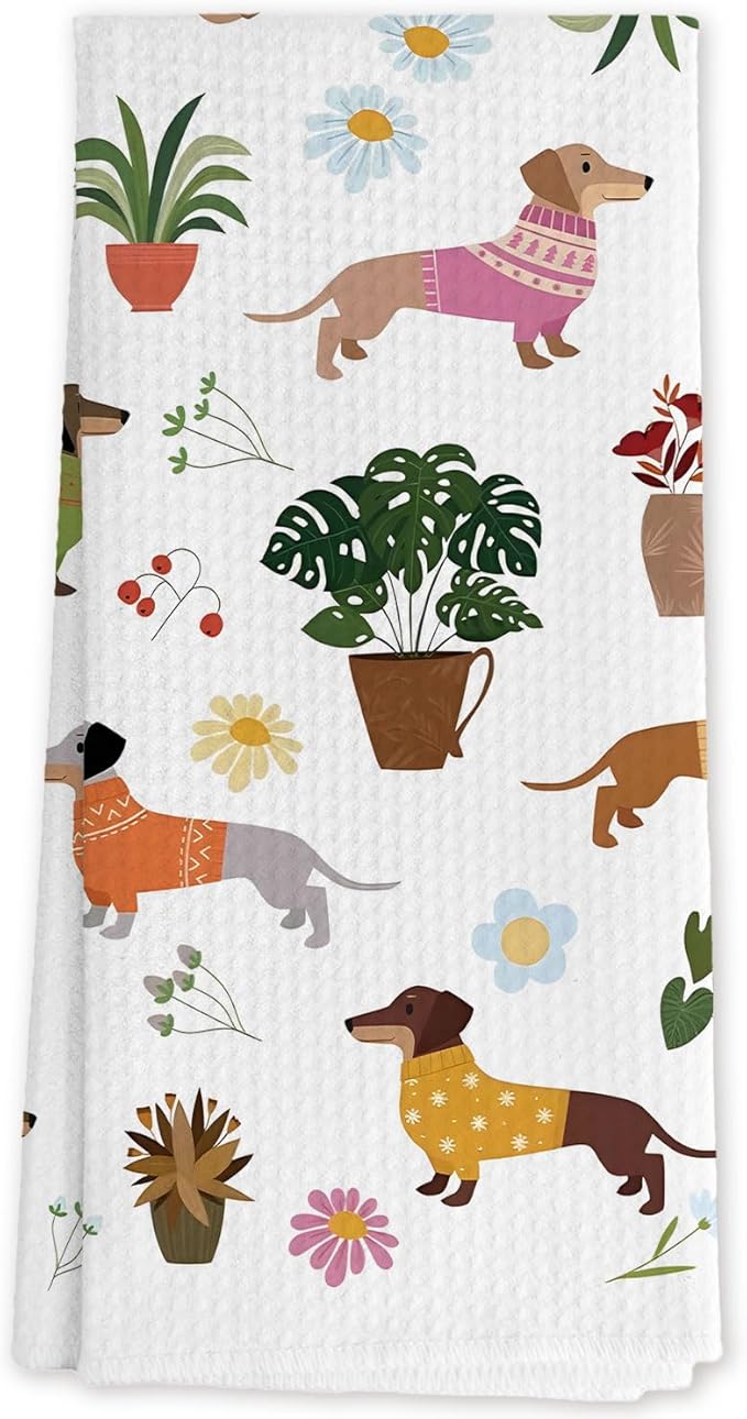 Botanical Dachshund Kitchen Towels, Weiner Dog Gifts for Women Decorative Hand Towels for Bathroom, Gifts for Dachshund Lovers Dish Tea Towels for Kitchen Decor, 16x24 Inch