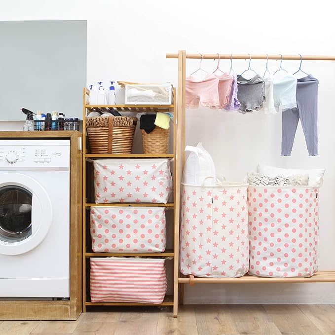 Sea Team Large Canvas Laundry Basket with Handles, Pink Stars | Collapsible Fabric Laundry Hamper, Closet Shelf Organizers, Containers for Clothing, Blankets, Toys, Bedding, 19.7 x 15.7”