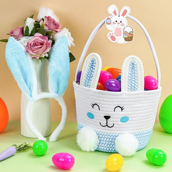 Easter Basket, Personalized Baby Easter Gifts Basket Empty with Handle, Bunny Ears Headband, Woven Cotton Rope Egg Baskets for Boys Girls Kids Toddler