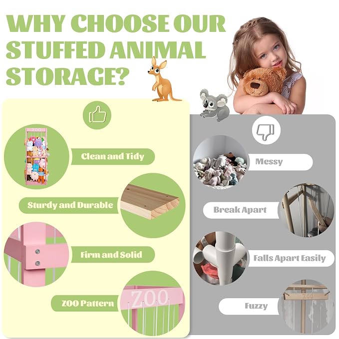 Trycooling Wood Stuffed Animal Zoo Stuffed Animal Storage, Pink | Plushie Storage, Stuffed Animals Zoo Storage Cage with Zoo Pattern Elastic Band for Nursery Play Room Bedroom