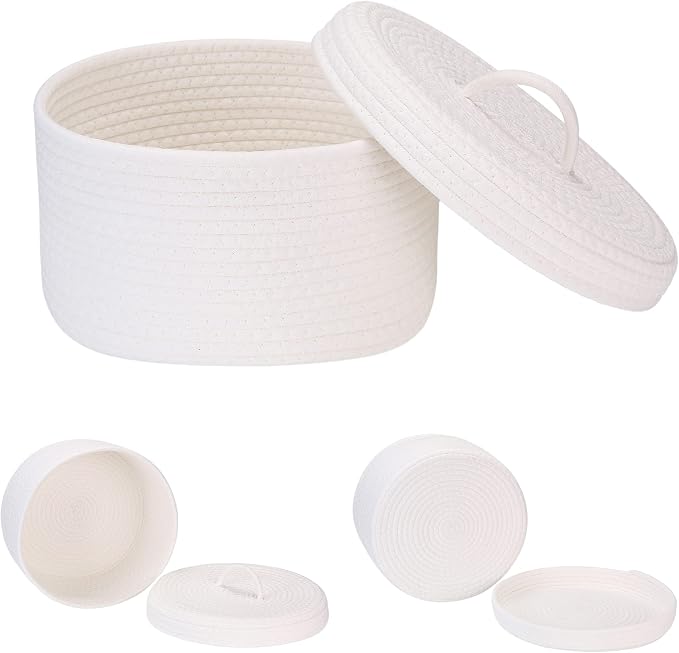 Sea Team Round Storage Basket, Woven Cotton Rope Basket with Lid, White | Decorative Knitted Storage Bin, Multi-Purpose Lidded Organizer for Closet Shelves, Nursery and Household Storage