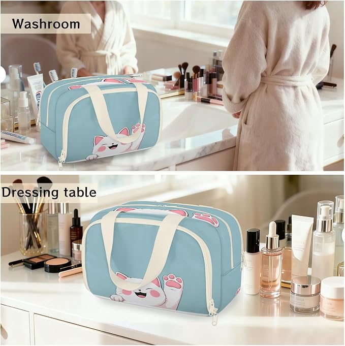 Sweet White Cat Travel Toiletry Bag for Women | Cartoon Pet Lightweight Waterproof Makeup Cosmetic Bag Large Tote Organizer for Traveling, Toiletries, Accessories