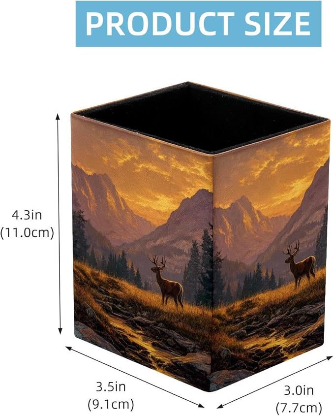 Sunset and Deer Pen Holder for Desk Decor, Rectangular PVC Leather Pencil Cup for Desk Pen Organizer, Makeup Brush Holder for School, Home, Office