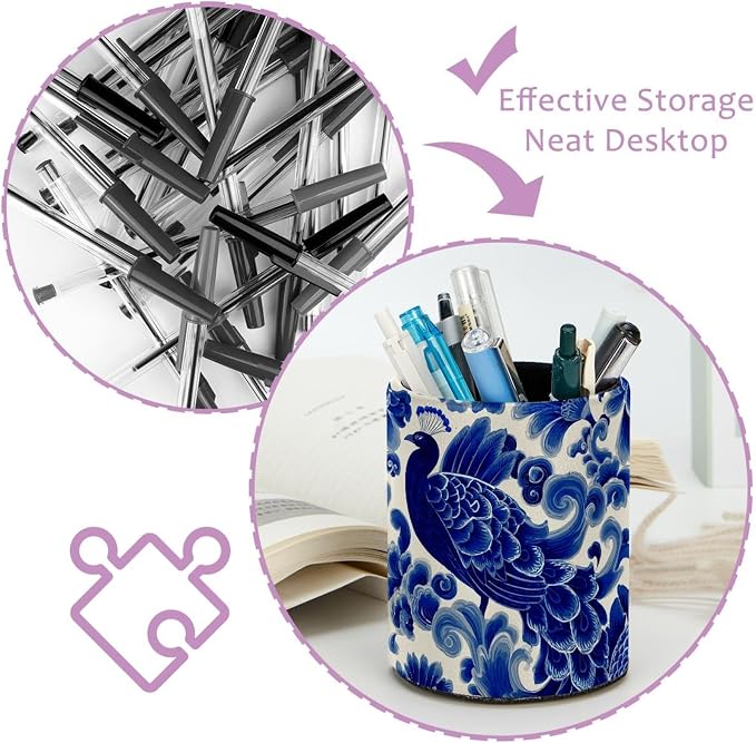 Faux Leather Pen Holder for Desk, Pencil Organizer Blue Peacock Pen Cup Desk Decor Makeup Brush Holder Storage for Office Home