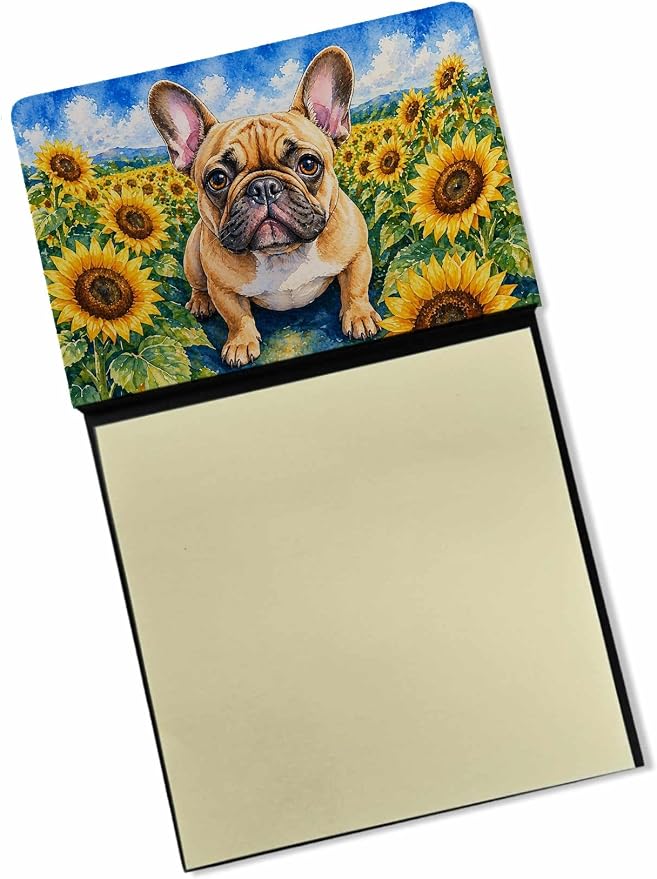 Caroline's Treasures French Bulldog in Sunflowers Watercolor Sticky Note Holder Refillable Dispenser Desk Accessory 3x3 Pad Gift