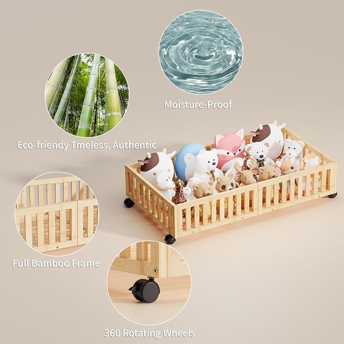 Under Bed Storage with Wheels, 2 Pcs Bamboo Drawers for Clothes and Toy | 360° wheels glide smoothly. Sturdy bamboo frames hold clothes, shoes, bedding and toys. Easy pullout access keeps rooms tidy