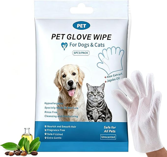 Pet Glove Wipes for Pet,Extra-Thick Rinse-Free Dog & Cat Grooming Gloves,Vet Recommended Hypoallergenic，Gentle & Safe for Cleaning,Deodorizing Wipes for Dander,6pcs unscent
