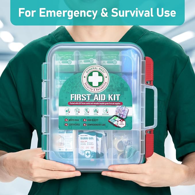 General Medi 420 Pieces Professional First Aid Kit - HardCase First Aid Box - Contains Premium Medical Supplies for Travel, Home, Office, Vehicle, Camping, Workplace & Outdoor