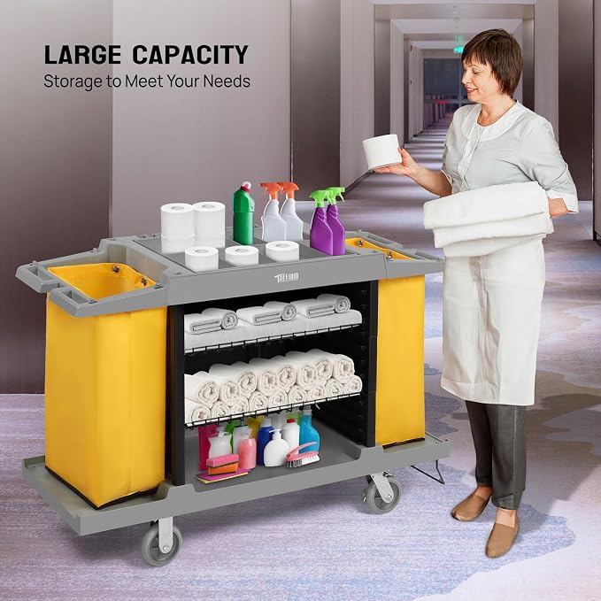 TUFFIOM Industrial Multifunctional Hotel Cart,Commercial Traditional Cleaning Janitorial Room Service Housekeeping Cart, 39" H x 58" W x 21" D,Grey