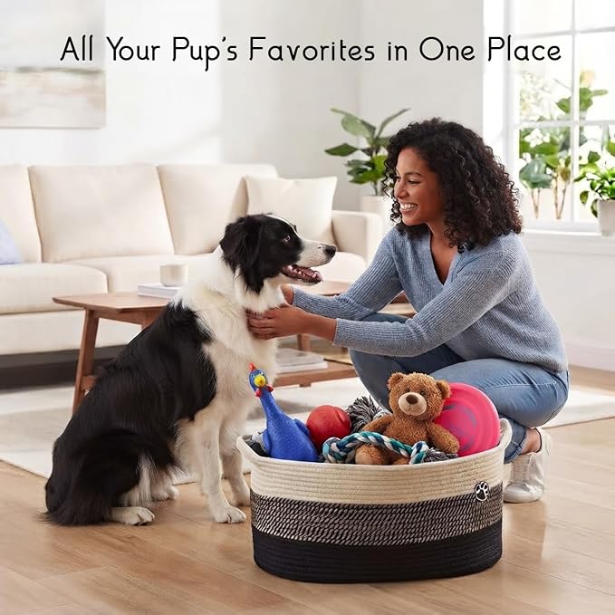 Dog Toys Storage Basket | Toy Box for Dog & Cat | 30L Woven Cotton Rope Bin, Cutout Handles, Pet-Safe | Organizer for Chew Toys, Blankets leashes, Toy holder | Foldable & Washable