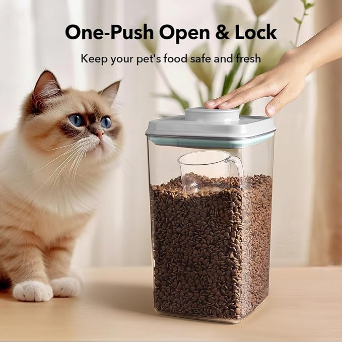 Dog-Cat Food Storage Container, 4.2 Qt Airtight Canister with Scoop | 4 L/4.2 Qt clear canister with one-push airtight lid; 130 ml scoop included; removable lid for easy cleaning.