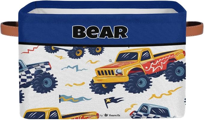 Personalized Storage Bins for Boys, Customized Name Storage Basket Rectangle Clothes Organizer for Organizing Kids and Pets Toys Shelf Closet, Cartoon Tractors Pattern