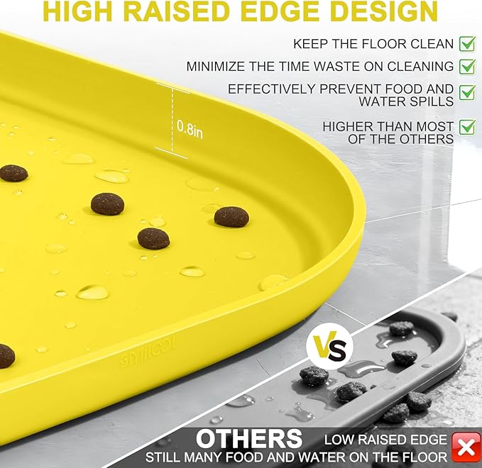 Smilool Silicone Pet Food Mat with Raised Edge for Food and Water Bowl, Dog Feeding Mats, Cat Food Trays for Floor Waterproof, Rubber Tray for Dogs and Cats, 22 x 14 x 0.8 Light Yellow