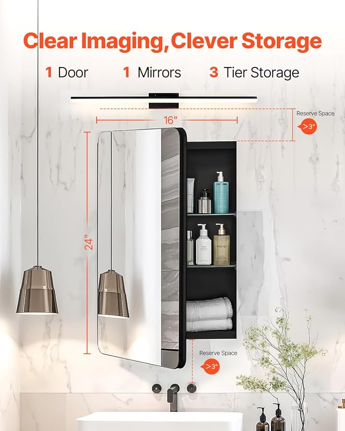 VEVOR Medicine Cabinet, 16 x 24 inch, Medicine Cabinet for Bathroom with Mirror, Aluminum Frame Bathroom Wall Cabinet, 2-Layer Adjustable Shelves, Recessed & Wall-Mounted Installation