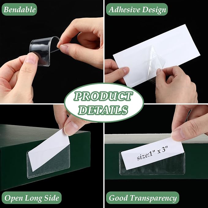 100 Pcs Label Holder Self Adhesive Clear Pocket Bulk 3x1 Inch | Plastic Sticking Shelf Tag for Shelf, Cabinet, Storage Bin Organization, Easy Peel Stick, PVC, Waterproof and Reliable