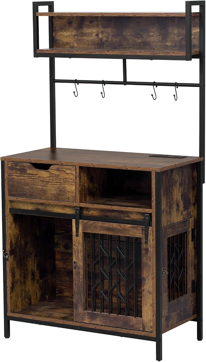 Furniture Style Dog Crate Desk Hutch, Multifunctional Pet Cabinet with Charging Station, Entryway Organizer, Rustic Brown 31.5"x16.5"x59.1"