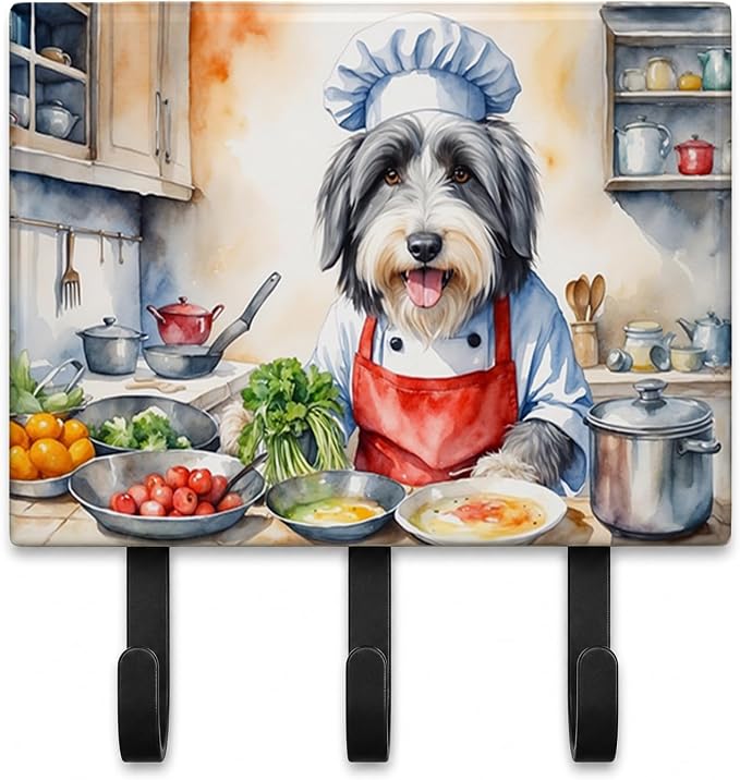 Caroline's Treasures Bearded Collie The Chef Leash or Key Holder Wall Hooks, Key Hooks Holder, Coat Rack Wall Mount, Coat Hooks, Hooks for Hanging Keys, Towels, Aprons, Leashes | Bearded Collie The Chef artwork on ceramic tile with three steel hooks fo...