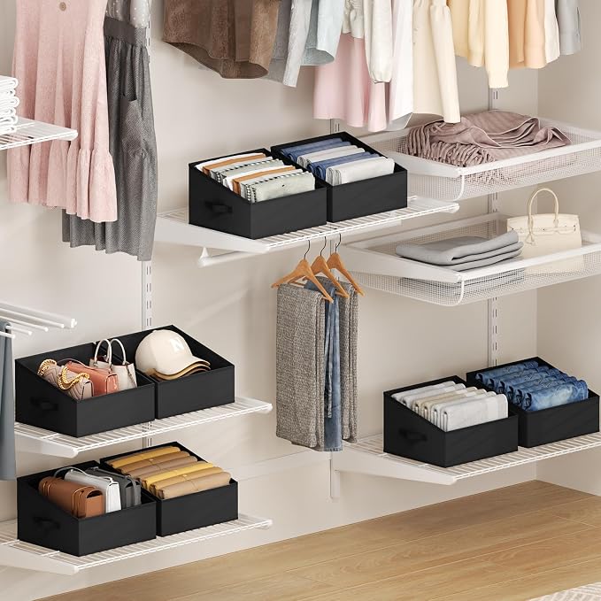 DIMJ Closet Storage Bins 8 Pack - Fabric Trapezoid Closet Organizer Bin, Foldable Storage Baskets for Shelves, Closet Shelf Organizer, Clothing Storage Box for Toys, Books, Towel, Clothes, Black