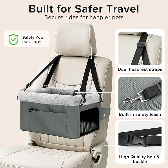 JOEJOY Deluxe Dog Booster Seat with Sturdy Metal Frame and Safety Leash for Small Pets up to 20 lbs - Portable Puppy Dog Car Seat with Thick Cushion and Storage Pockets for Small Dogs