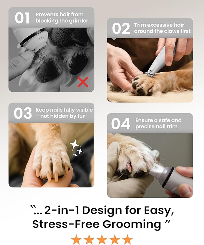 PAPMINI 2 in 1 Dog Nail Grinder Quiet and Dog Paw Trimmer, Powerful Painless Electric Dog Nail Trimmers for Large Medium Small Dogs, Rechargeable Cordless Dog Hair Clippers for Paws, Ears, Eyes, Rump