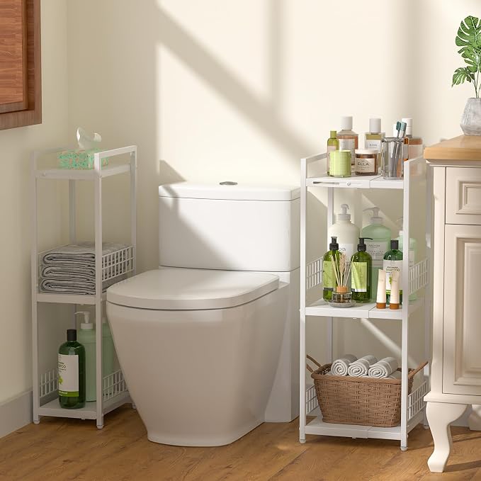 DAOUTIME Expandable Slim Storage Shelf, 3 Tier Metal Shelving Unit for Bathroom Storage Organizer, Free-Standing Narrow Shelf, Open Floor Shelves for Small Spaces,Laundry,Bathroom,Kitchen, White