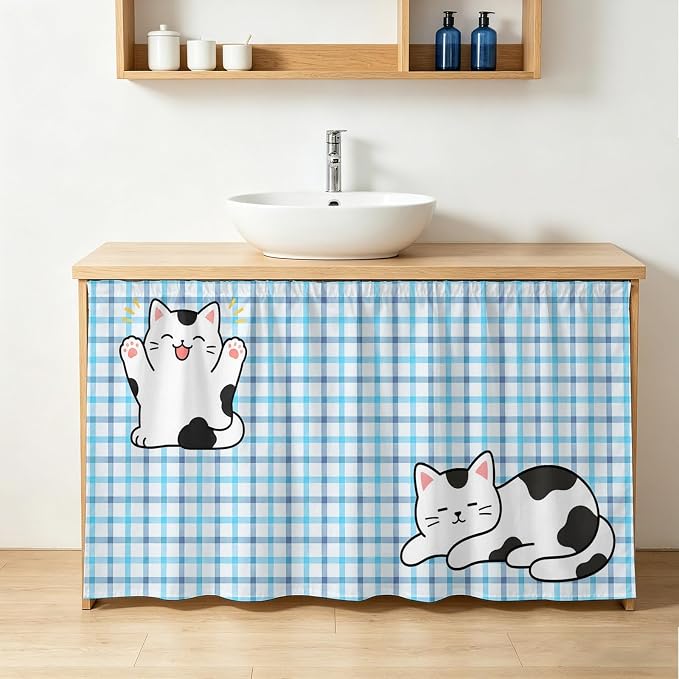 Cute Cat Sink Skirt for Bathroom, Self-Adhesive Under Sink Curtain, Blue Purple Checked Modern Pet Cats Rustic Hide Pipes & Storage Fabric Cabinet Skirt Cover for Kitchen Laundry 32"x55"