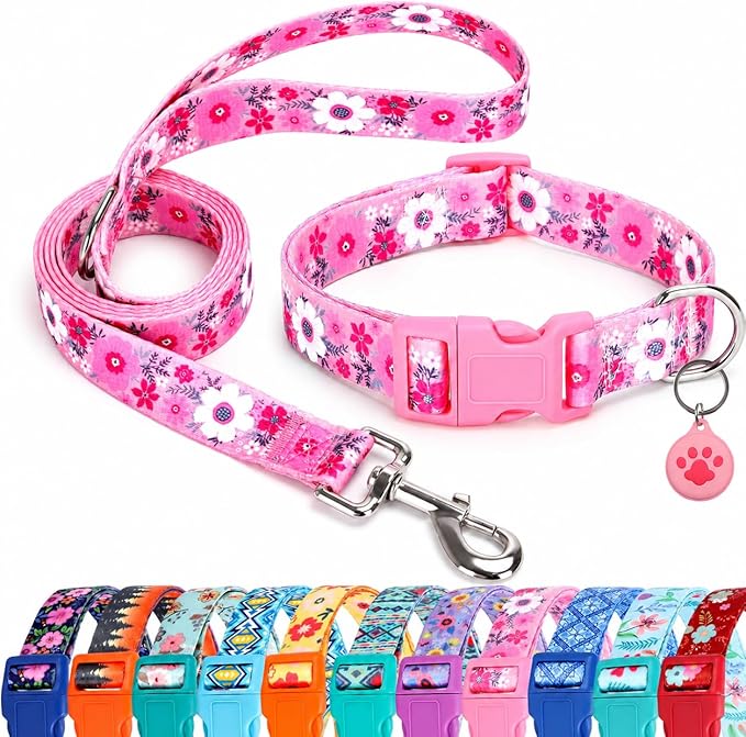 Floral Matching Dog Collar and Leash Set with AirTag Holder-Pink Daisy/S | Anti-Lost,Adjustable Durable Pet Collar Leash Combo for Small Boy Girl Dogs,for Outdoor Walking Hiking Training Running