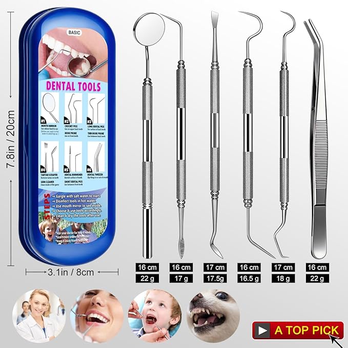 Dental Tools Plaque Remover Teeth Cleaning Tool﻿s Kit 6 Pcs Dental Care Kit Stainless Steel Dental Pick Tartar Remover Tool for Home/Travel/Pet Care-Storage Case Included