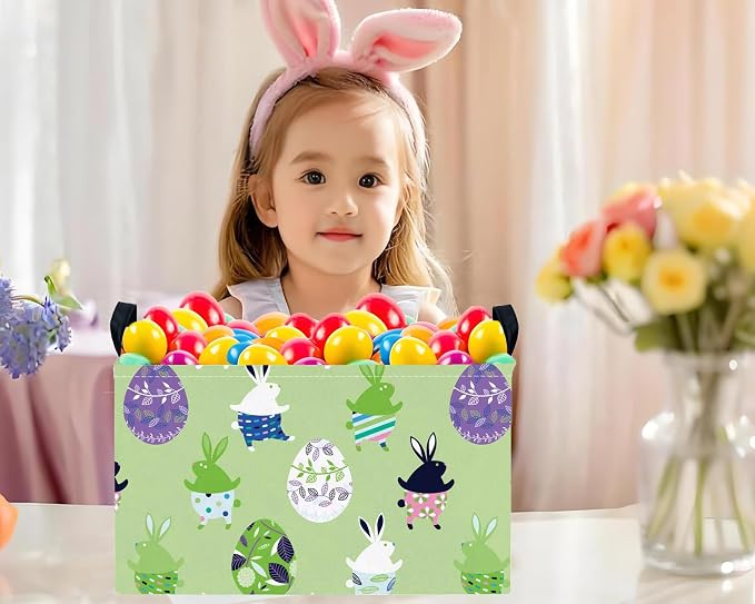 Large Rectangular Easter Baskets Empty Waterproof Boy Toy Box Foldable Kid's Gifts Storage Bin Spring Room Decor(Green Dancing Rabbit Egg)