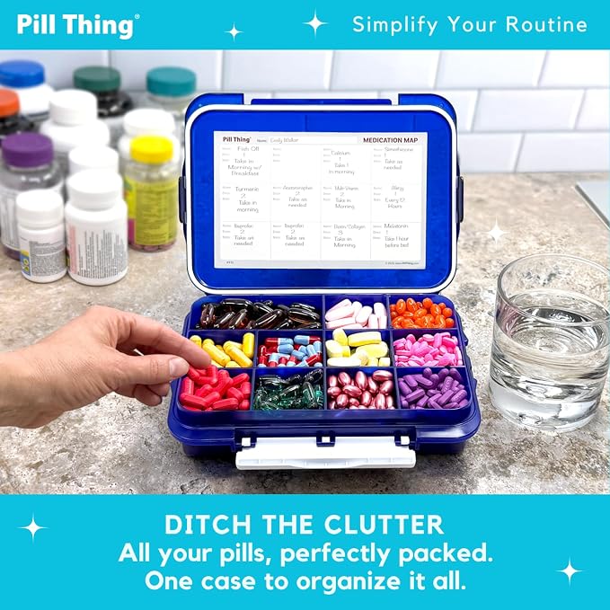 12 Compartment Large Pill Case with Airtight Seal - Silicone Gasket Waterproof Med Box with Medication Map (Blue 2 Pack)