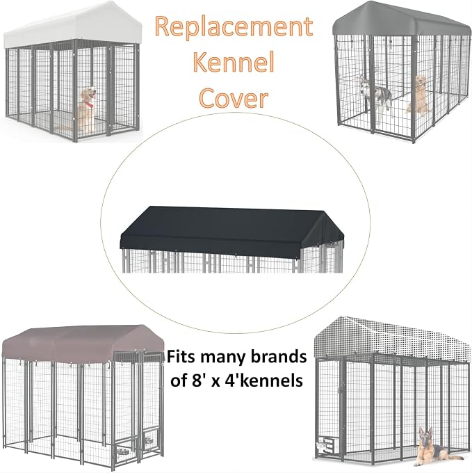 Outdoors Dog Kennel Cover 8' x 4' Replaceable Dog Kennel Cover Black | 420D Silver-Plated Waterproof UV Protection Oxford Fabric Lncludes a Ball-Ended Elastic Lanyard (Frame Not Included)