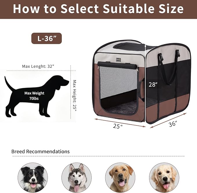 Dog Kennels and Crates for Medium Dogs, Portable Pop Up Indoor Pet Cage with Sturdy Wire Frame, Collapsible Travel Crate Soft Sided Cat Bag Escape Proof (Brown, 36.0" L x 23.0" W x 28.0" H)
