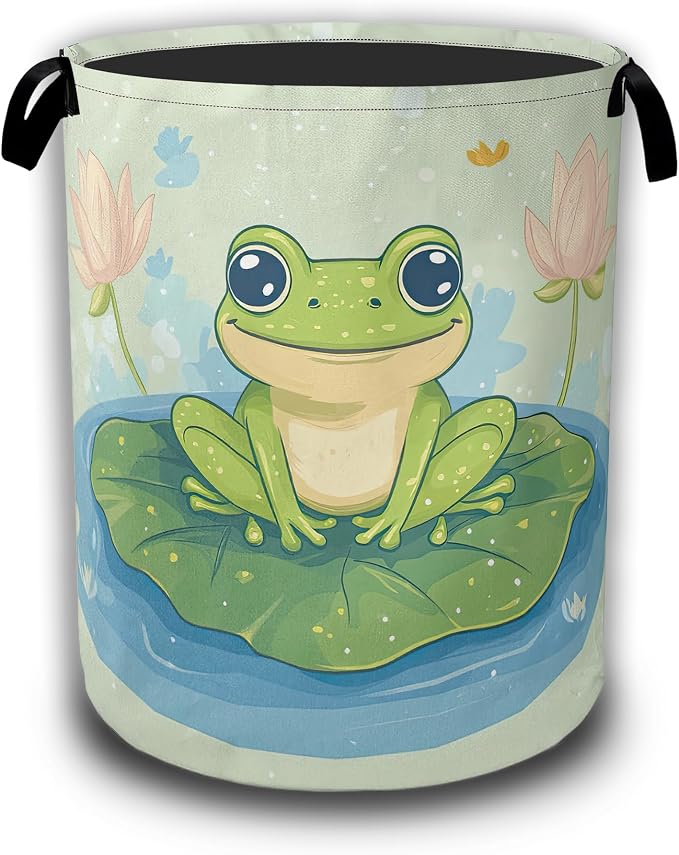 Laundry Hamper,Cute Green Frog Collapsible Laundry Baskets Waterproof Oxford Cloth With Handles,Clothes Storage Bucket Toy Organizer For Bathroom/Nursery/Bedroom 16" x 20.8"