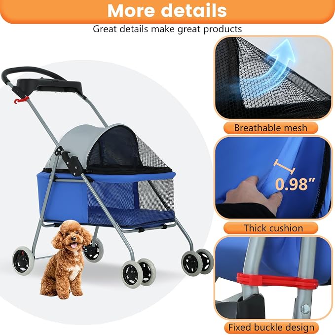 BestPet Foldable Pet Stroller for Small/Medium Dogs and Cats Up to 33 lbs | 4-Wheel Stroller Pet Strolling Cart w/ Breathable Mesh, Lockable Rear Wheels, Cup Holder/Tray & Storage Box for All-Season