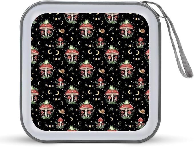 Hard Plastic DVD Storage Moon Frog Mushroom CD Storage Binder Disc Wallet | 40 Capacity CD Holder Case, Scratch-Resistant, Zipper Closure for Home Office Car, Moon Frog Mushroom