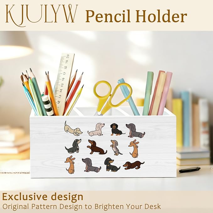 Dachshund Pen Holder for Desk, Weiner Dog Gifts for Women Men, Dachshund Lovers Gifts Wooden Box Pencil Pen Holder Organizer for Home Office Desk Accessories