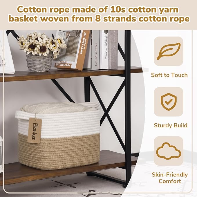 Goodpick Woven Rope Storage Basket for Shelves, Rectangle, Jute | 13" × 10" × 9" Stylish Gift Basket for Bedroom & Living Room Organization, Fits Toys & Pet Supplies Storage, Writable Label