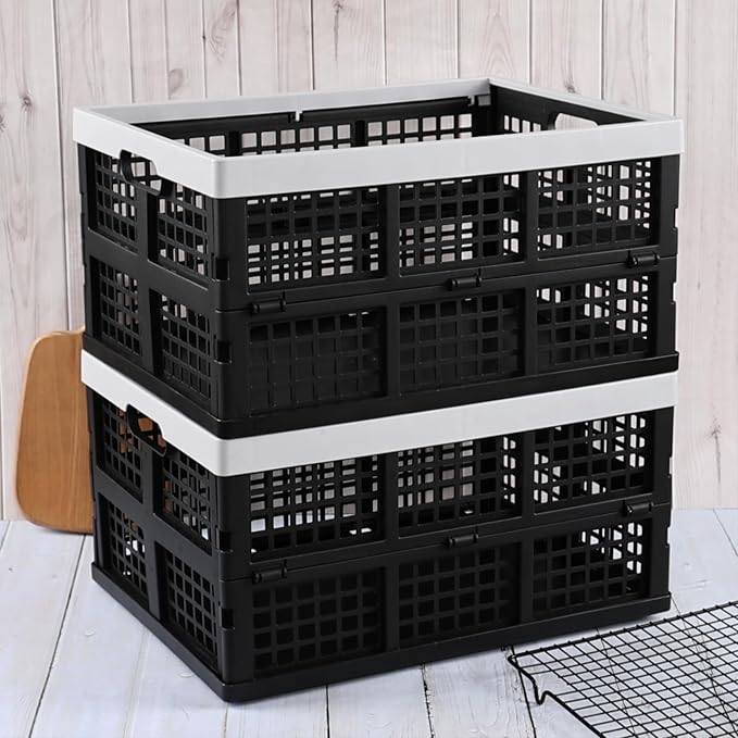 2-Pack 34 L Plastic Collapsible Storage Crates, Stackable Basket Bin | Foldable Milk Crate