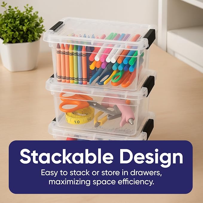 Superio 1.05 Quart Mini Clear Plastic Storage Container with Lid, Stackable Small Organizer Box for Crayons, Art Supplies, Beads, Sewing, Stationery & Food Storage, 5 Pack