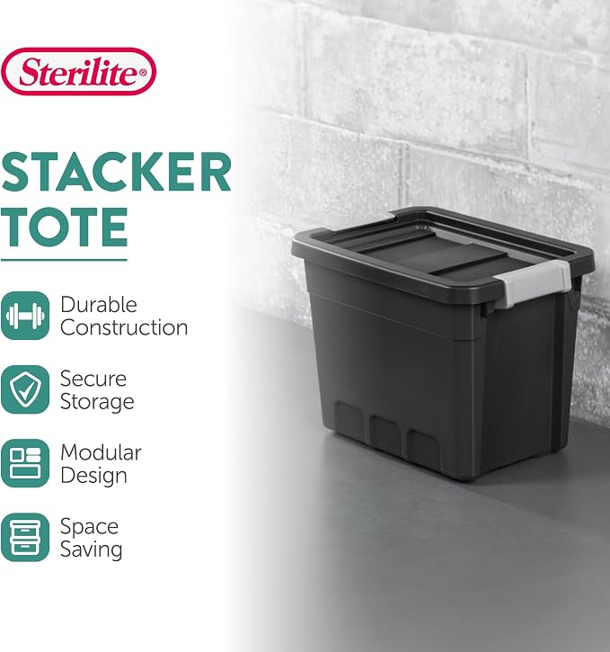 Sterilite Stacker Tote with Latching Lids for Garage, 7.5 Gallon, 24-Pack | Heavy-Duty and Stackable Plastic Boxes and Containers for Home, Desk, Cabinet, Dorm, Basement, or Utility Organization