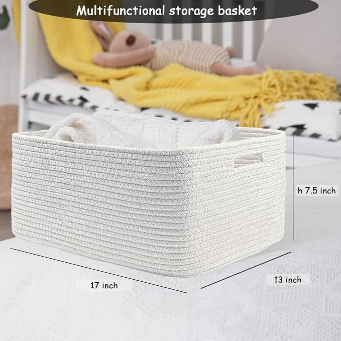 COMFY-HOMI Cotton Rope Woven Basket with Handles for Shelves,Toys,Book, Cloth Storage Baskets Bin for Organizing- 1 PCSToy Decorative Organizer for Living Room, Bathroom 17" x 13" x 7.5"