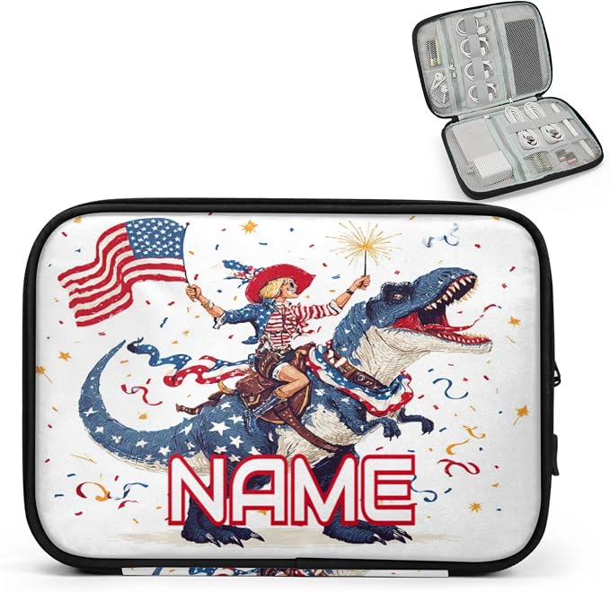 Custom Electronics Organizer Patriotic Cowgirl Dinosaur Travel Cable Pouch Large Tech Accessories Case Waterproof Cord Storage Bag for Power Bank Charger Phone Earphone