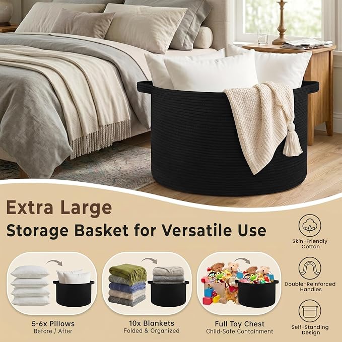 OIAHOMY 90L Extra Large Blanket Basket - Decorative Cotton Rope Storage Basket for Bedroom, Living Room & Nursery - Woven Laundry Hamper for Organizing Blankets, Clothes & Toys - Black