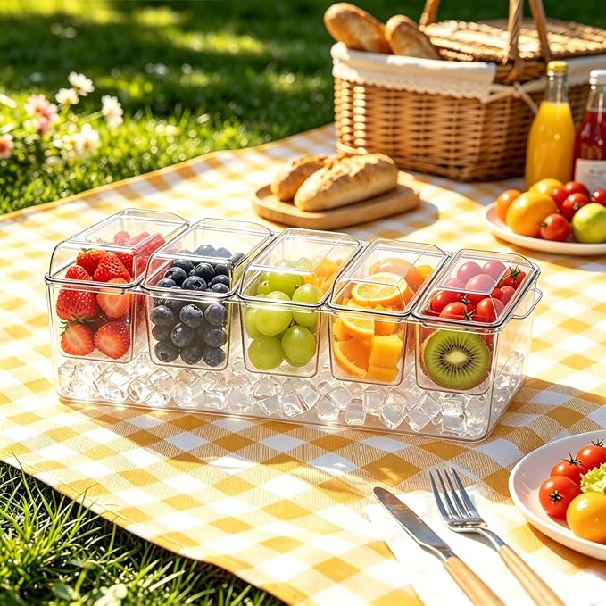 OBTANIM 16 Inch Ice Chilled Condiment Server Caddy Plastic Clear Food Storage Container Garnish Tray with Separate Lid and 5 Removable Compartments for Bar Party Fruit Salad