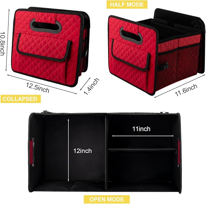 JiatuA Car Trunk Organizer for SUV, Collapsible Car Storage Organizer Red | Sturdy, Large Capacity, Diamond Decor, Multi Compartment Container Box Adjustable Car Accessories for Sedan Truck